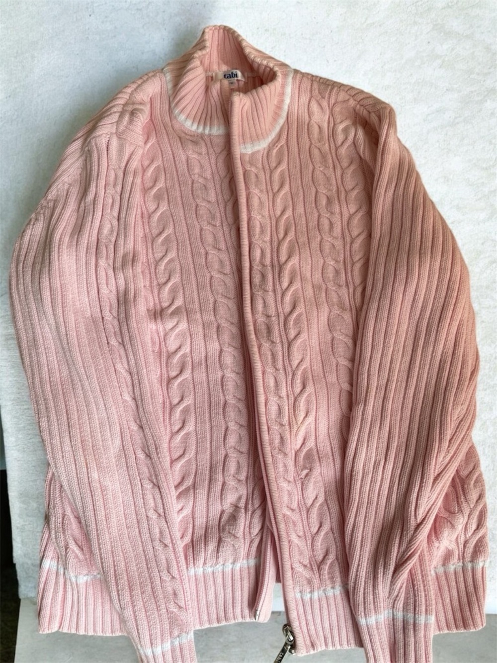 cAbi Pink Cable-Knit Zip Cardigan with White Trim
